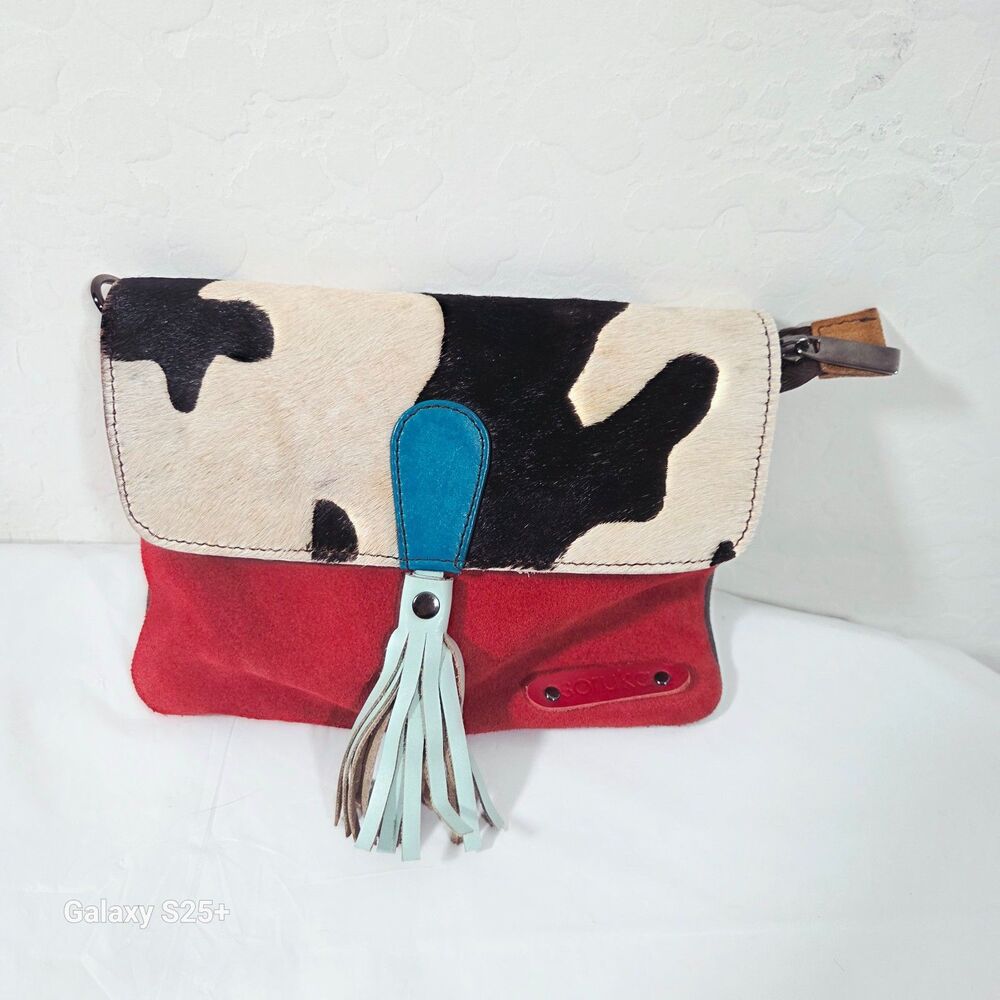 Soruka Recycled Leather Cowhide Crossbody Clutch Bag Red Teal Tassel - Picture 6 of 8